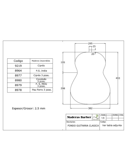 Fond Finition Pau Ferro 3 pièces Guitare Classique MB Exclusive