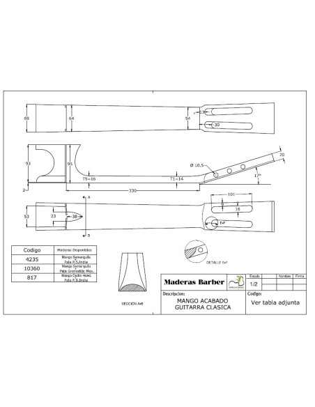 Manche Fini Guitare Classique Tirant 650 Samanguila + Tête Palissandre des Indes MB Exclusive