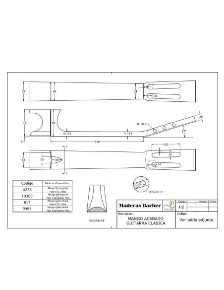 Manche Guitare Classique Finition Tirant 650 Cèdre Honduras + Tête Pau ferro MB Exclusive