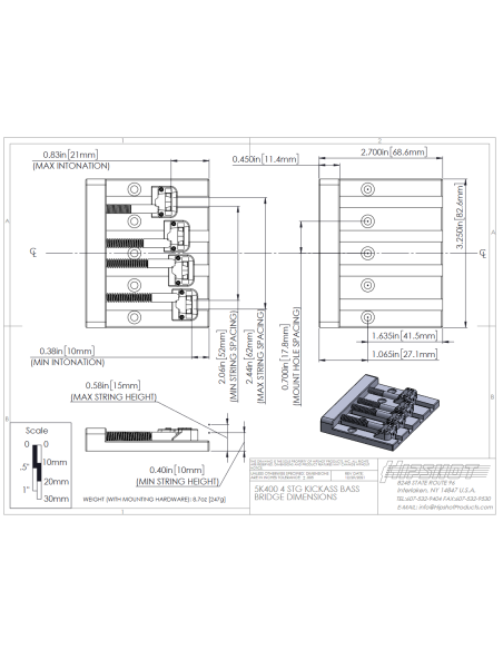 4 String KickAss™ Bass Bridge Chrome Hipshot | Maderas Barber