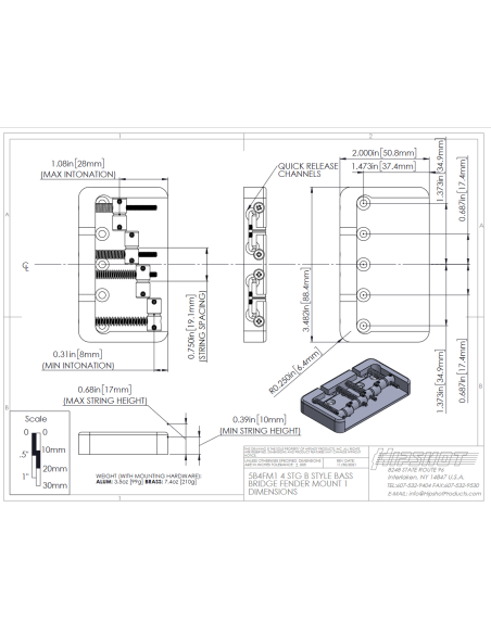 Chevalet de Basse Fender Style 5 Vis Alum. Or Hipshot | Maderas Barber