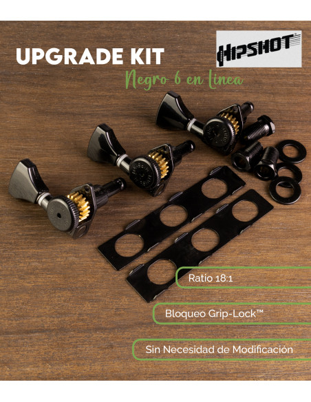 Kit d'accordeur de guitare 6 Inline Grip-Lock™ Noir Ouvert Hipshot | Maderas Barber