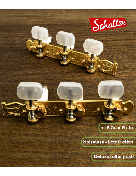Clavijero Schaller GrandTune Classic Lyra Oro Satinado con Palometa Blanca y Poste Blanco Deluxe | Maderas Barber