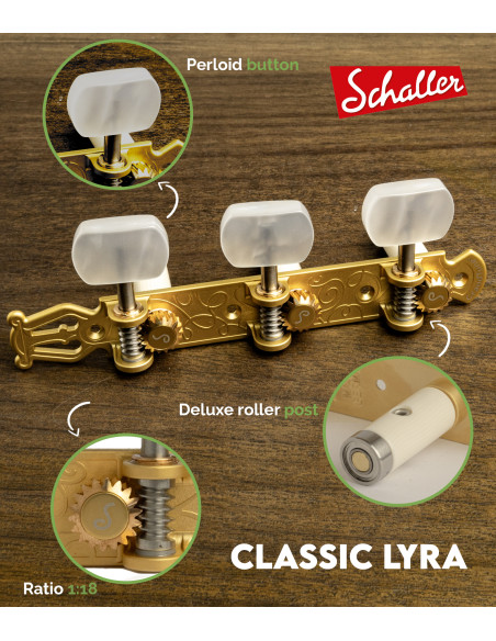 Schaller GrandTune Classic Lyra Satin Gold Machine Head with White Button and White Deluxe Post | Maderas Barber