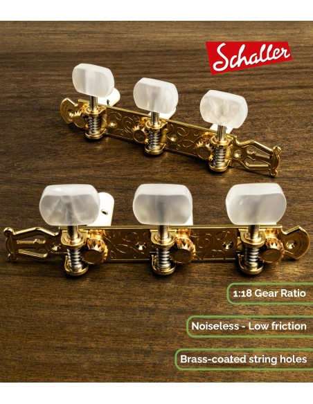 Schaller GrandTune Classic Lyra Satin Gold Machine Head with White Button and White Post | Maderas Barber