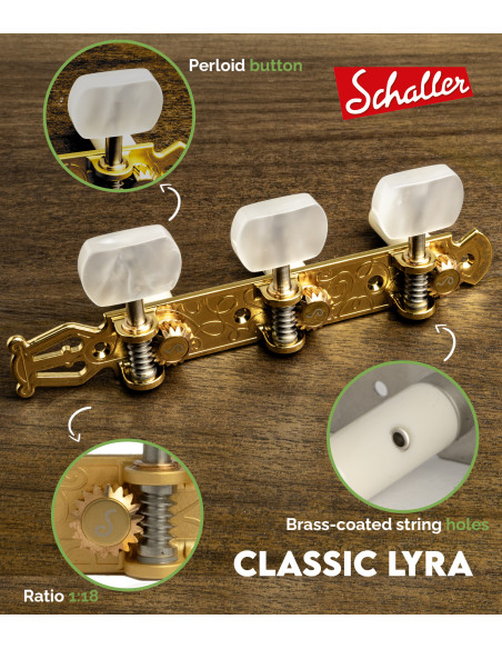 Schaller GrandTune Classic Lyra Satin Gold Machine Head with White Button and White Post | Maderas Barber