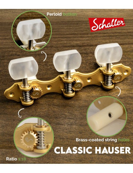 Clavijero Schaller GrandTune Classic Hauser Oro Satinado con Palometa Blanca y Poste Blanco | Maderas Barber