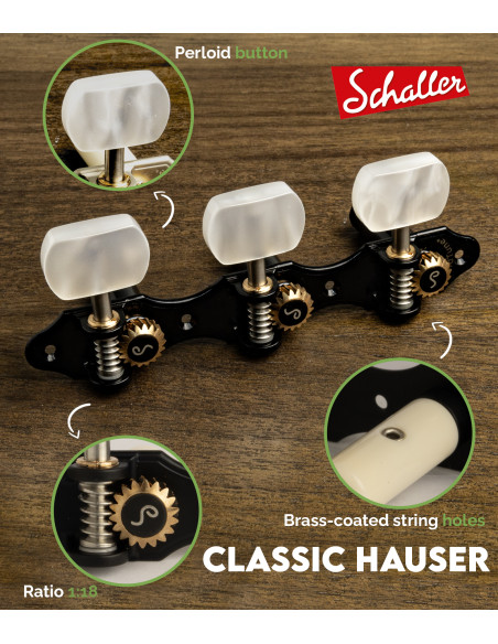 Schaller GrandTune Classic Hauser Black Machine Head with White Button and Black Post | Maderas Barber