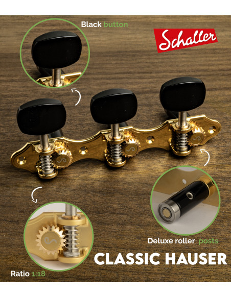 Clavijero Schaller GrandTune Classic Hauser Oro con Palometa Negra y Poste Negro Deluxe | Maderas Barber