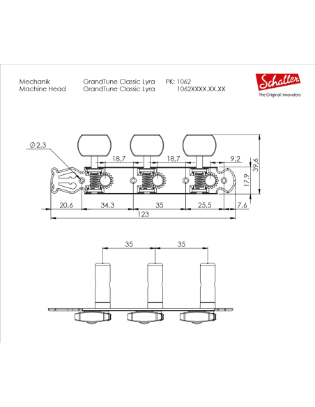 Schaller GrandTune Classic Lyra Satin Gold Machine Head with White Button and White Deluxe Post | Maderas Barber