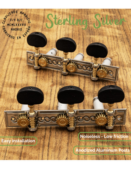 Aparicio Classical Guitar Machine Head Sevilla Model Sterling Silver/Ebony | Maderas Barber