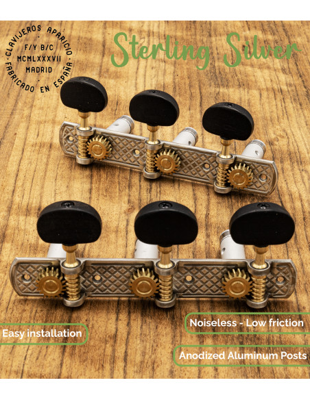 Aparicio Classical Guitar Machine Head Toledo Model Sterling Silver/Ebony | Maderas Barber