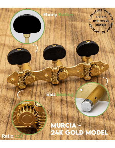 Clavijero Aparicio Guitarra Clásica Modelo Murcia Oro 24K/Ébano | Maderas Barber