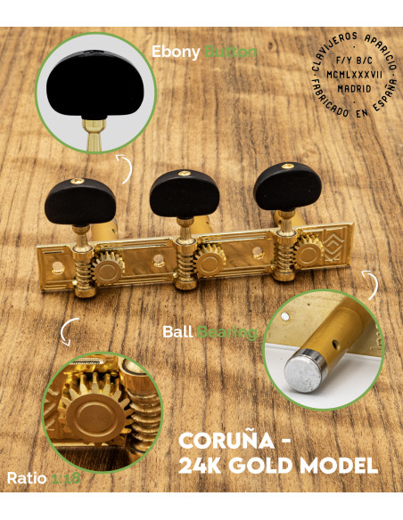 Clavijero Aparicio Guitarra Clásica Modelo Coruña Oro 24K/Ébano | Maderas Barber