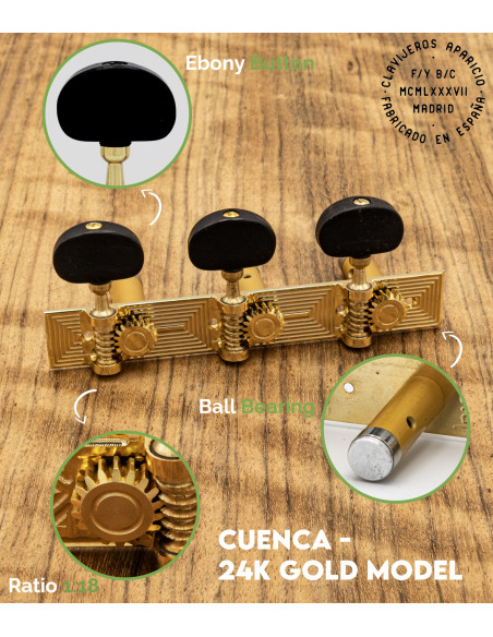 Clavijero Aparicio Guitarra Clásica Modelo Cuenca Oro 24K/Ébano | Maderas Barber