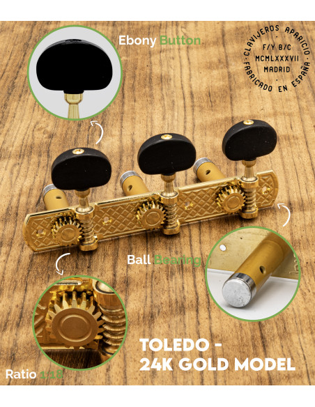 Aparicio Classical Guitar Machine Head Toledo Model  24K Gold/Ebony | Maderas Barber