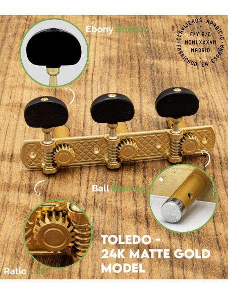 Aparicio Classical Guitar Machine Head Toledo Model  24K Matte Gold/Ebony | Maderas Barber