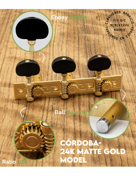 Aparicio Classical Guitar Machine Head Córdoba Model  24K Matte Gold/Ebony | Maderas Barber