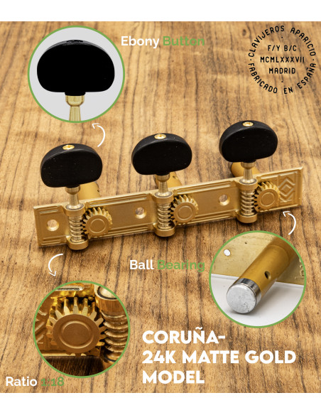 Mécanique Aparicio Guitare Classique Modèle Coruña Or Mat 24K/Ébène | Maderas Barber