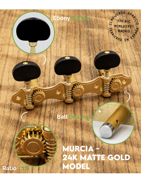 Aparicio Classical Guitar Machine Head Murcia Model  24K Matte Gold/Ebony | Maderas Barber