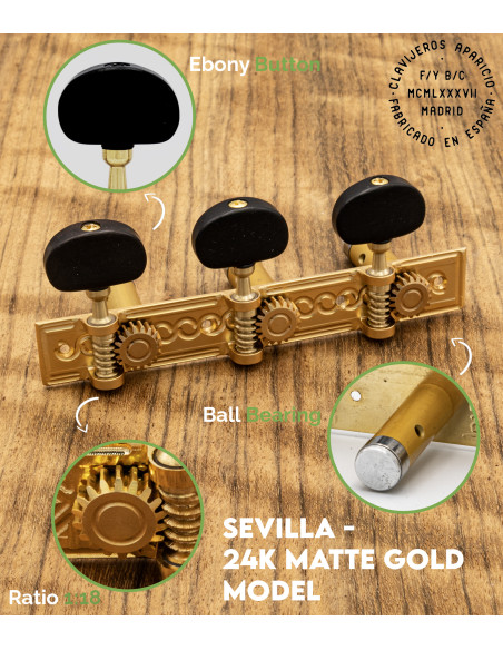 Aparicio Classical Guitar Machine Head Sevilla Model  24K Matte Gold/Ebony | Maderas Barber