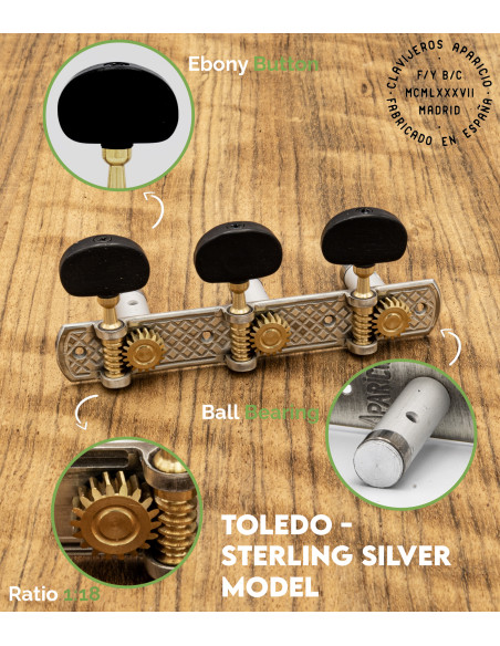 Clavijero Aparicio Guitarra Clásica Modelo Toledo Plata de Ley/Ébano | Maderas Barber