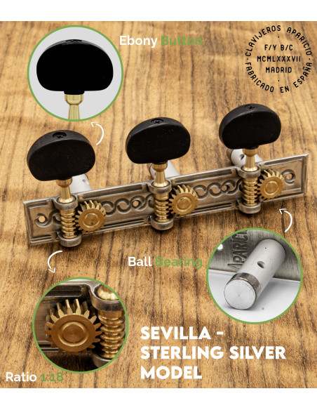 Clavijero Aparicio Guitarra Clásica Modelo Sevilla Plata de Ley/Ébano | Maderas Barber