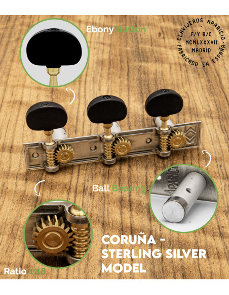 Aparicio Classical Guitar Machine Head Coruña Model Sterling Silver/Ebony | Maderas Barber