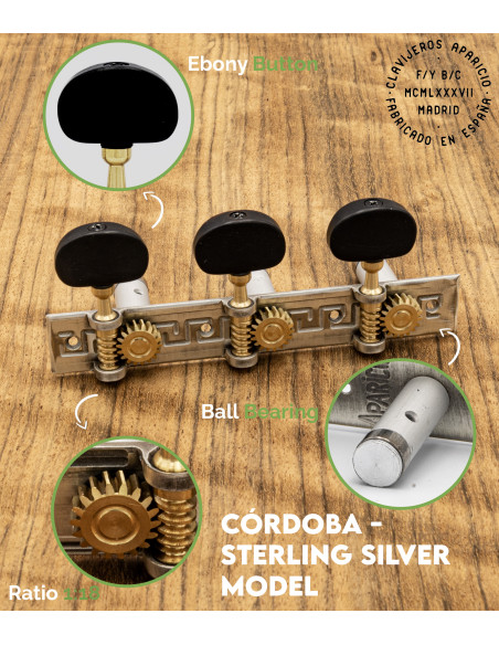 Clavijero Aparicio Guitarra Clásica Modelo Córdoba Plata de Ley/Ébano | Maderas Barber