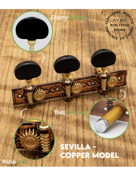 Aparicio Classical Guitar Machine Head Sevilla Model Copper/Ebony | Maderas Barber