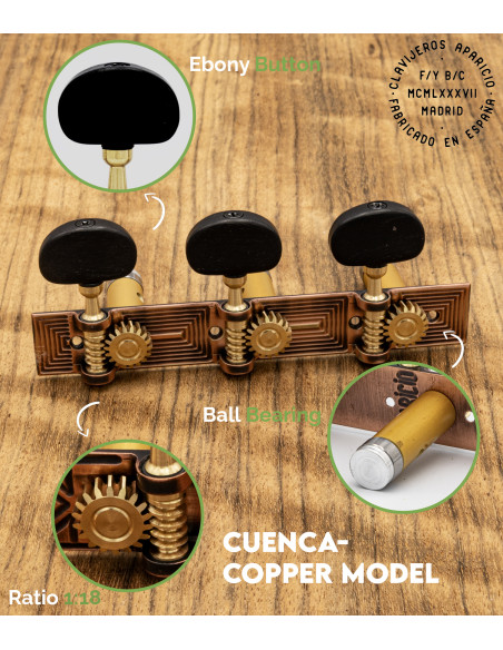 Aparicio Classical Guitar Machine Head Cuenca Model Copper/Ebony | Maderas Barber