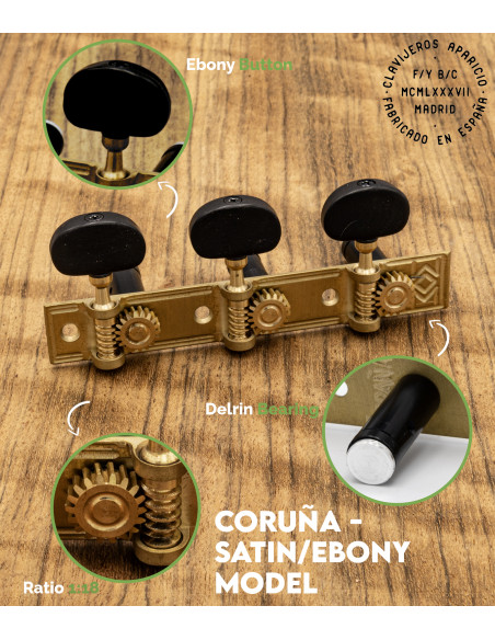 Aparicio Classical Guitar Machine Head Coruña Model Satin/Ebony | Maderas Barber