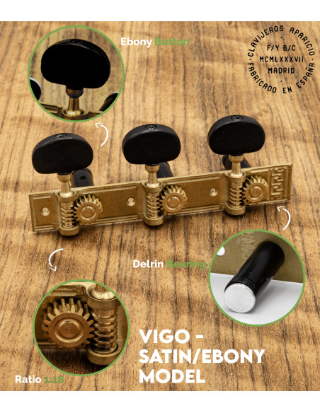 Aparicio Classical Guitar Machine Head Vigo Model Satin/Ebony | Maderas Barber