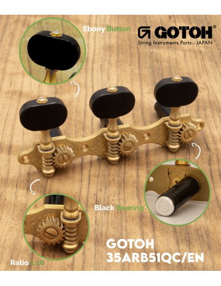 Clavijero Gotoh Guitarra Clásica Oro Mate con Palometa de Ébano y Poste Negro 35ARB51QC/EN | Maderas Barber