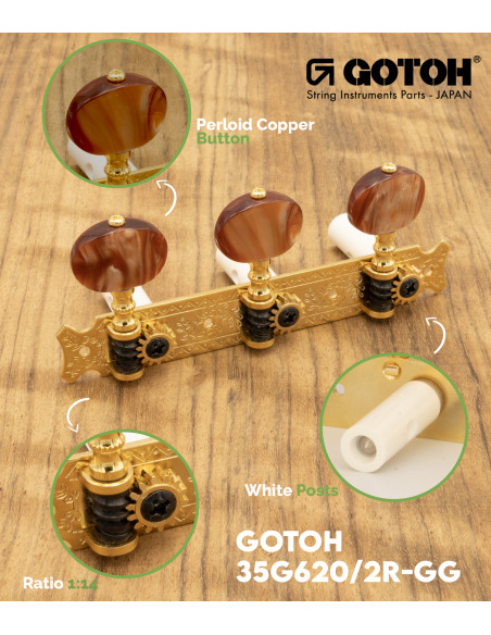 Gotoh Classical Guitar Machine Head Gold with Copper Knob and White Post 35G620/2R-GG | Maderas Barber