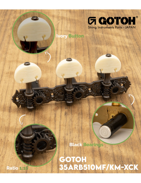 Gotoh Machine Head Classical Guitar X-Cosmo with Ivory Coloured Knobs and Black Aluminum Post 35ARB510MF/KM-XCK | Maderas Barber