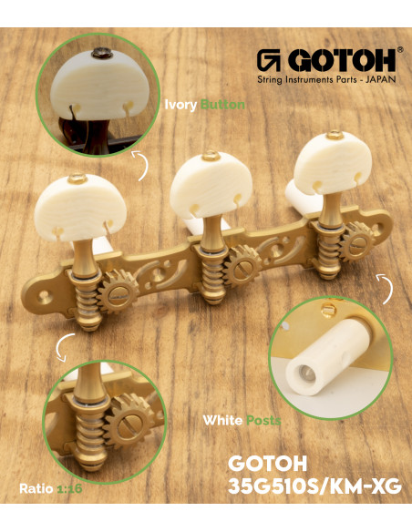 Gotoh Machine Head Classical Guitar X-Gold with Ivory Coloured Knobs and White Post 35G510S/KM-XG | Maderas Barber