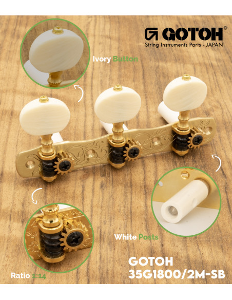 Clavijero Gotoh Guitarra Clásica Latón con Palometa Color Marfil y Poste Blanco 35G1800/2M-SB | Maderas Barber