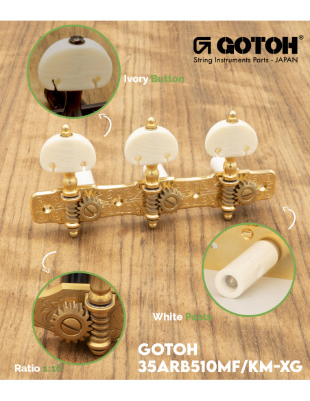 Clavijero Gotoh Guitarra Clásica Oro con Palometa Color Marfil y Poste Blanco 35G510P/KM | Maderas Barber