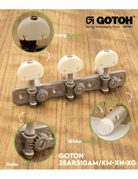 Gotoh Machine Head Classical Guitar X-Gold with Ivory Coloured Knobs and Aluminum Post 35AR510AM/KM-XN | Maderas Barber