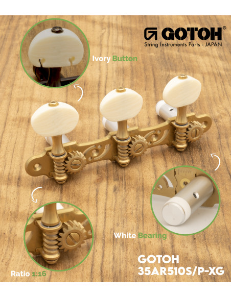 Gotoh Machine Head Classical Guitar X-Gold with Ivory Coloured Knobs and Aluminum Post 35AR510S/P-XG | Maderas Barber