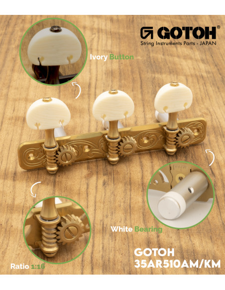Gotoh Mécanique Guitare Classique Or avec Boutons Couleur Ivoire et Tige Aluminum 35AR510AM/KM | Maderas Barber