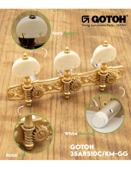 Clavijero Gotoh Guitarra Clásica Oro con Palometa Color Marfil y Poste Aluminio 35AR510C/KM-GG | Maderas Barber
