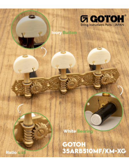 Clavijero Gotoh Guitarra Clásica Oro Mate con Palometa Color Marfil y Poste Aluminio Negro 35ARB510MF/KM-XG | Maderas Barber