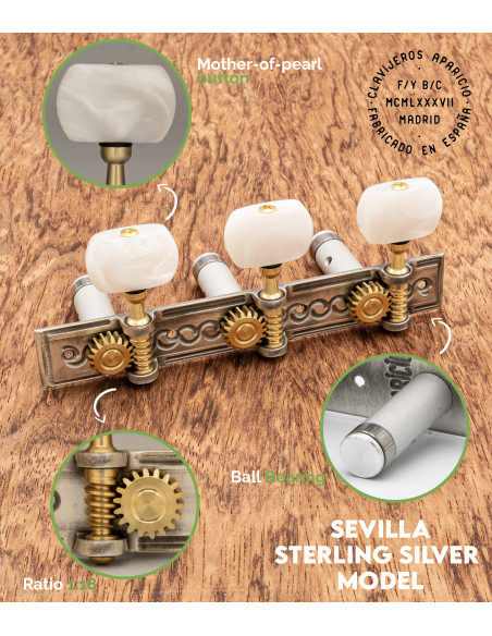 Aparicio Classical Guitar Machine Head Sevilla Model Sterling Silver/Mother of Pearl | Maderas Barber