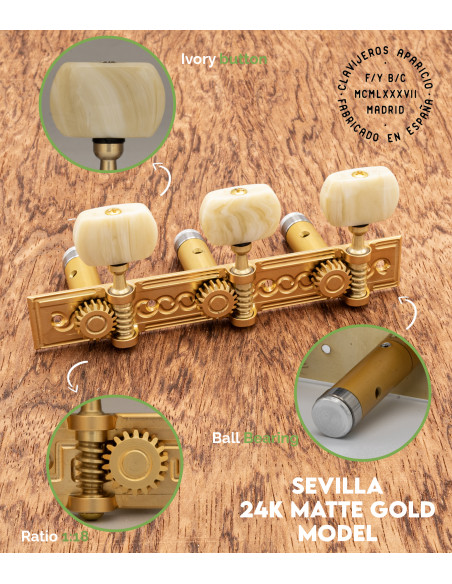 Aparicio Classical Guitar Machine Head Sevilla Model  24K Matte Gold/Ivory | Maderas Barber