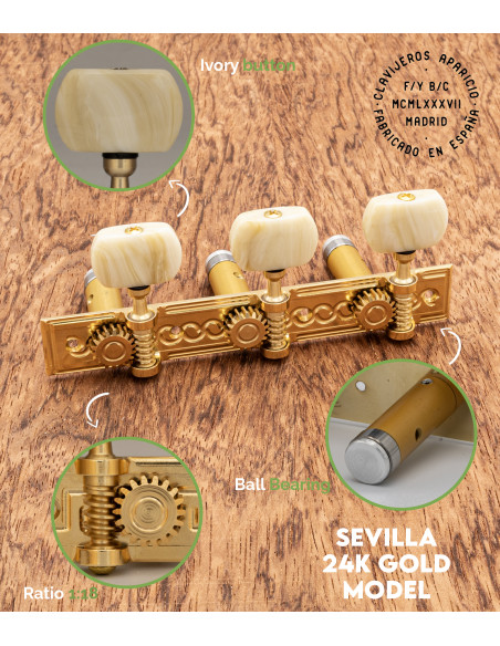 Clavijero Aparicio Guitarra Clásica Modelo Sevilla Oro 24K/Marfil | Maderas Barber