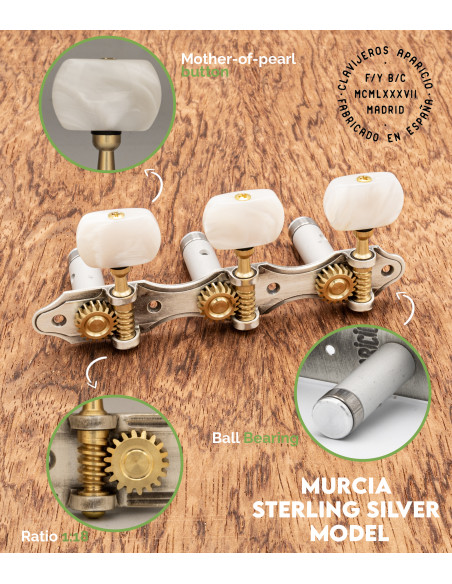Aparicio Classical Guitar Machine Head Murcia Model Sterling Silver/Mother of Pearl | Maderas Barber