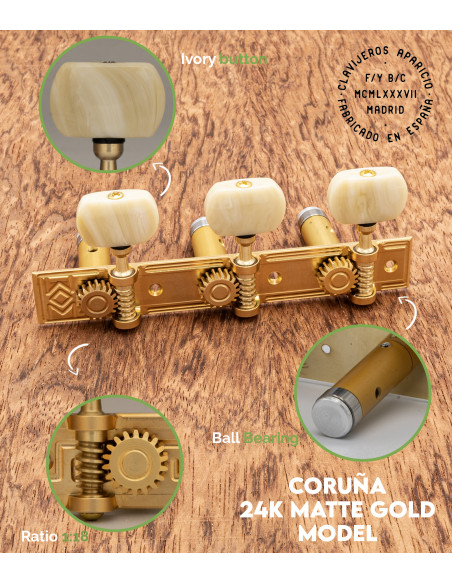 Clavijero Aparicio Guitarra Clásica Modelo Coruña Oro Mate 24K/Marfil | Maderas Barber