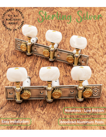Aparicio Classical Guitar Machine Head Coruña Model Sterling Silver/Mother of Pearl | Maderas Barber